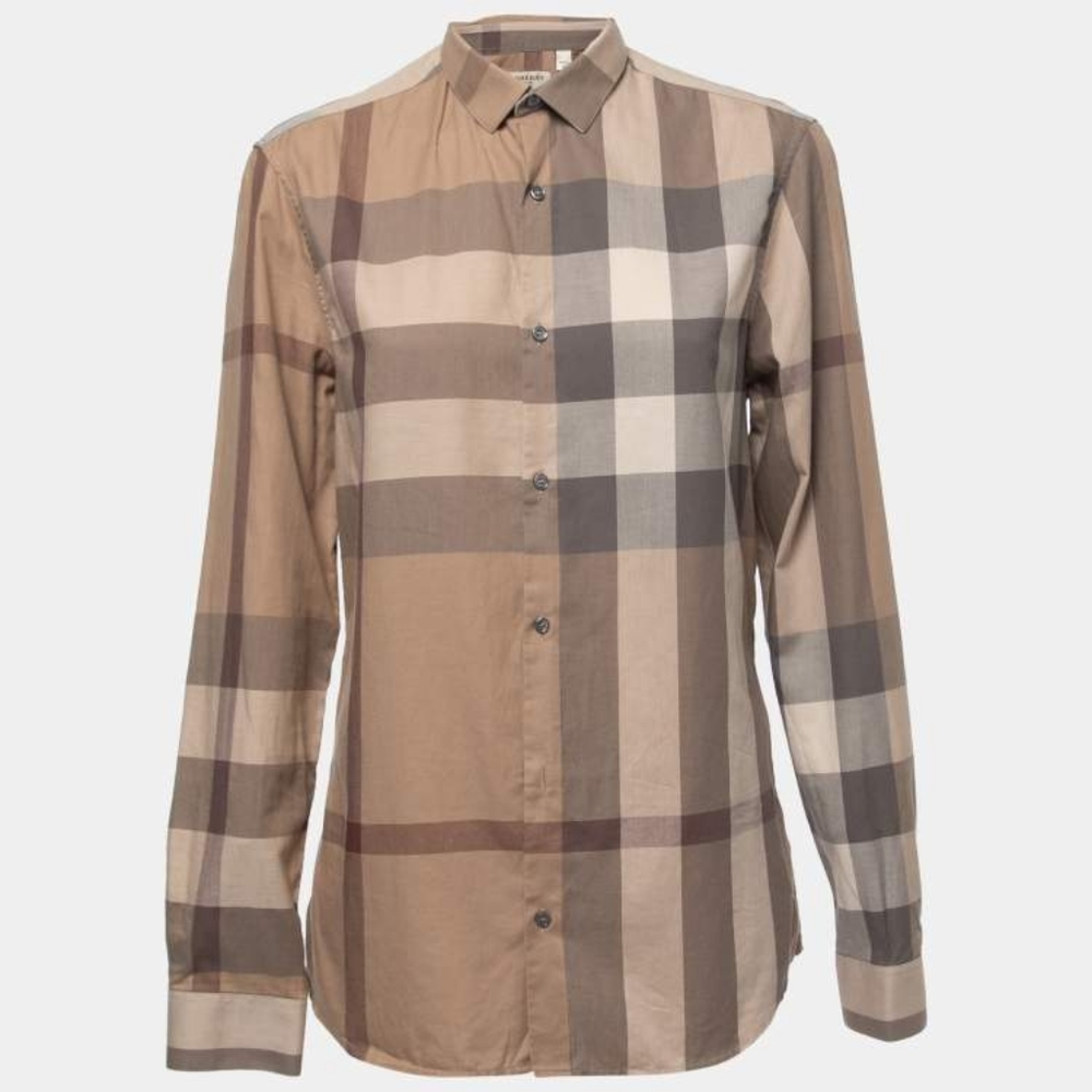 Burberry Beige and Brown Plaid Button Down Shirt